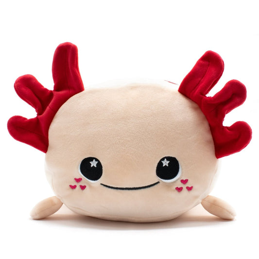 Cael the Axolotl Plushie has a cream body, red branched gills, an ultra-soft plush texture, and features a smiling face with big starry eyes. It also boasts pink blush with heart patterns on its cheeks, making it an ideal cuddly companion for Valentine's Day.