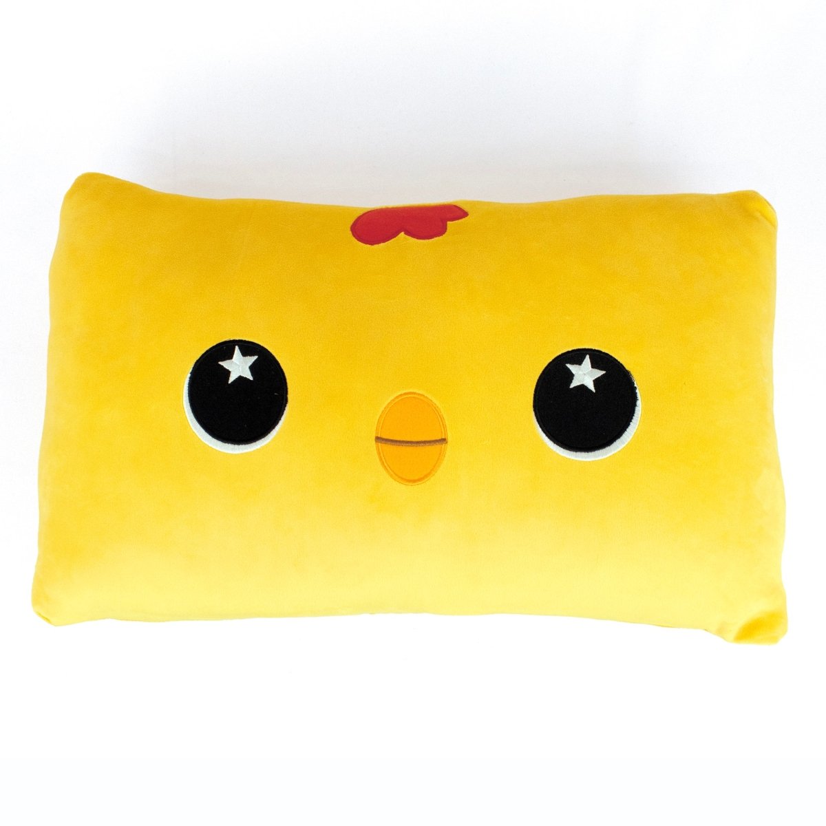 Meet Carl the Chicken Sleep Pillow—a rectangular yellow plush with a cute cartoon chicken face, big black eyes with white stars, orange beak, and red comb. Perfect for cozy naps or festive holiday decorations!.