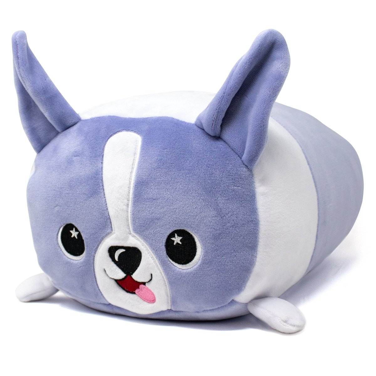 A purple corgi plush toy with large, cute ears, cute embroidered eyes, a small smile, and small little arms.