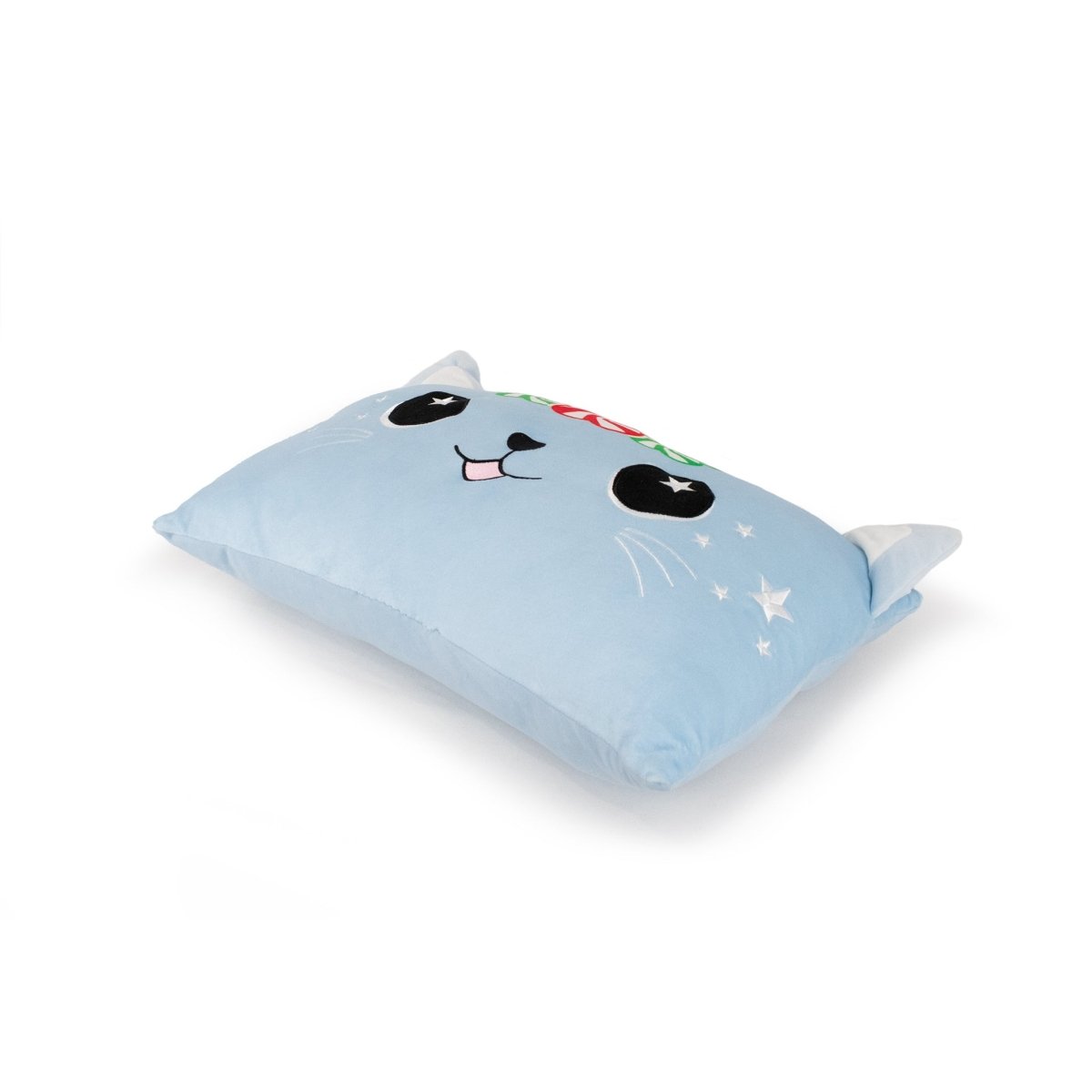 Kira the Caticorn Pillow is a cute, light blue cat-shaped pillow resembling an adorable stuffed animal. It has a smiling face, large black eyes, soft white star designs as ears, and a small red and green bow on top.