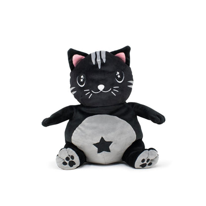 Fortune the Cat Plushie Starlight Buddy is a plush black celestial cat with white chest and paw markings, silver head stripes, a star on its belly, pink inner ears, and sits upright facing forward.