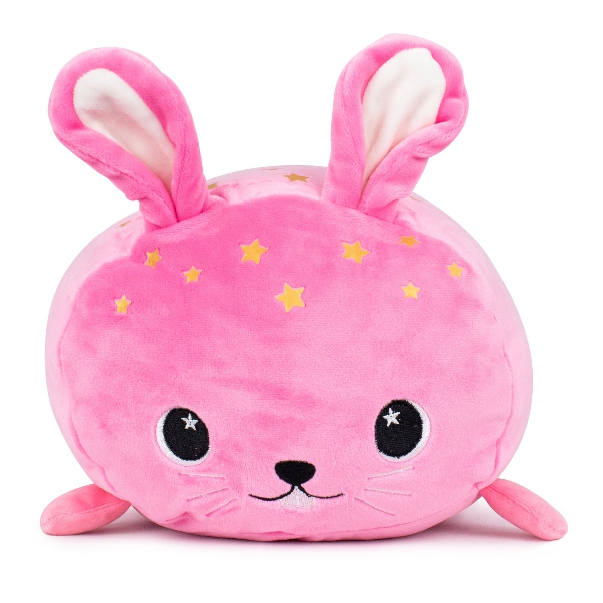 Introducing Celeste the Bunny Plushie, a delightful springtime companion! This round, pink plush features long ears, a smiling face, star patterns on its back, and large expressive eyes. Crafted from ultra-soft plush materials, it's the perfect Easter basket buddy for any season.