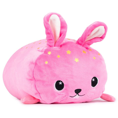 Introducing Celeste the Bunny Plushie: a pink rabbit with ultra-soft materials, long ears, and a round body. Its cute embroidered face and yellow star patterns make it the perfect whimsical companion for Easter baskets.