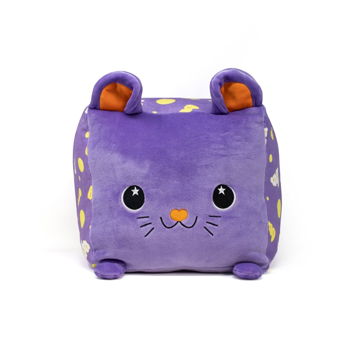 Cheddar the Mouse Plushie is a cute toy designed as a purple square cat with large eyes, small ears, and an adorable smile. It features orange and yellow shapes on its sides, two tiny front legs, and a plain white background.