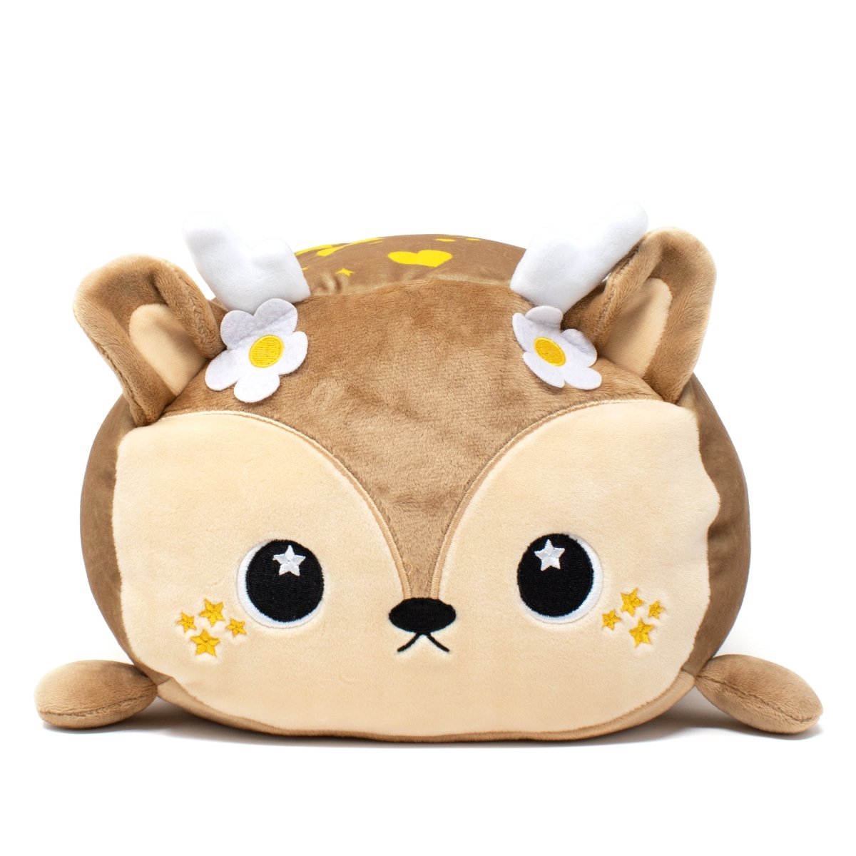 Brown deer soft plush pillow with star eyes and a cute cuddly face