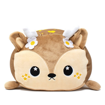 Brown deer soft plush pillow with star eyes and a cute cuddly face