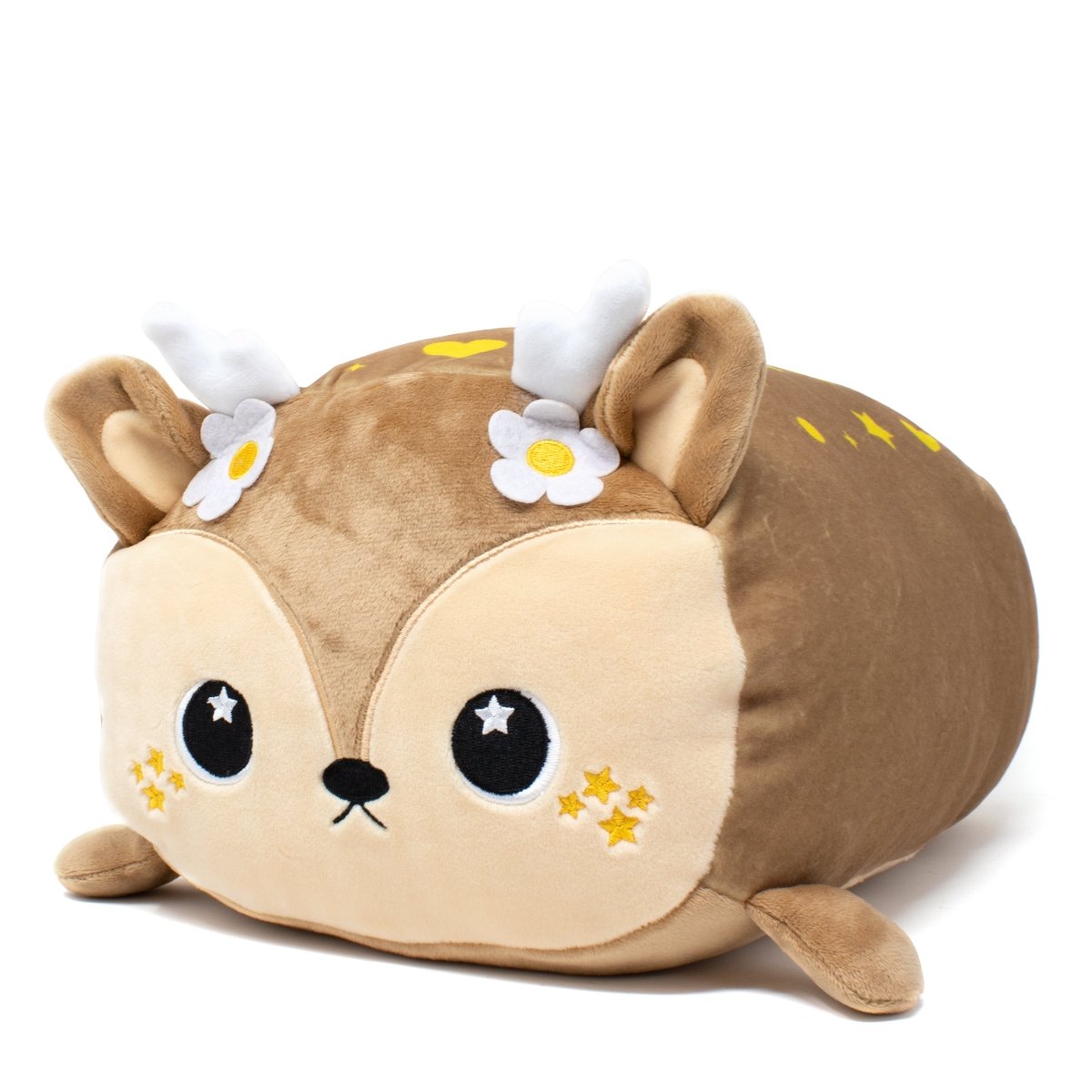 Brown deer soft plush pillow with star eyes and a cute cuddly face