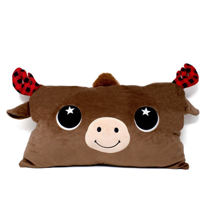 Eduard the Moose Pillow is a cute rectangular plush with a smiling cartoon face, large starry eyes, a light snout, and plaid red-and-black ears like antlers—an adorable addition to any plushie collection.