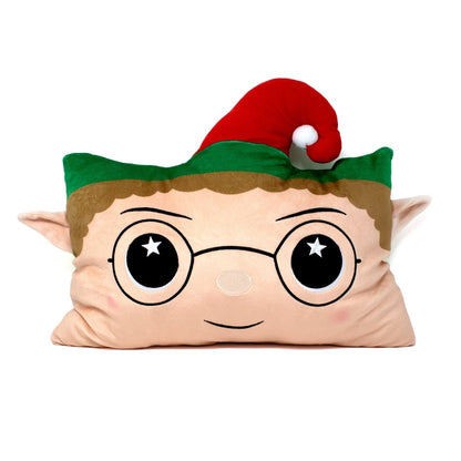 Elfred the Elf Pillow is a rectangular plush shaped like an elf’s face, with starry eyes, glasses, pointy ears, and a red-green Santa hat—perfect as a squishy sensory pillow for festive holiday decor.