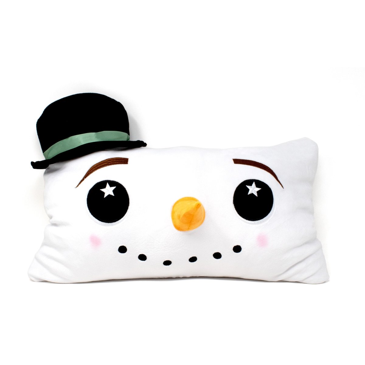 The Jack the Snowman Pillow is a cute, rectangular plush featuring a snowman face with large black eyes, star highlights, an orange nose, and a dotted smiling mouth. It wears a black top hat with a green band, making it an adorable addition to your collection.
