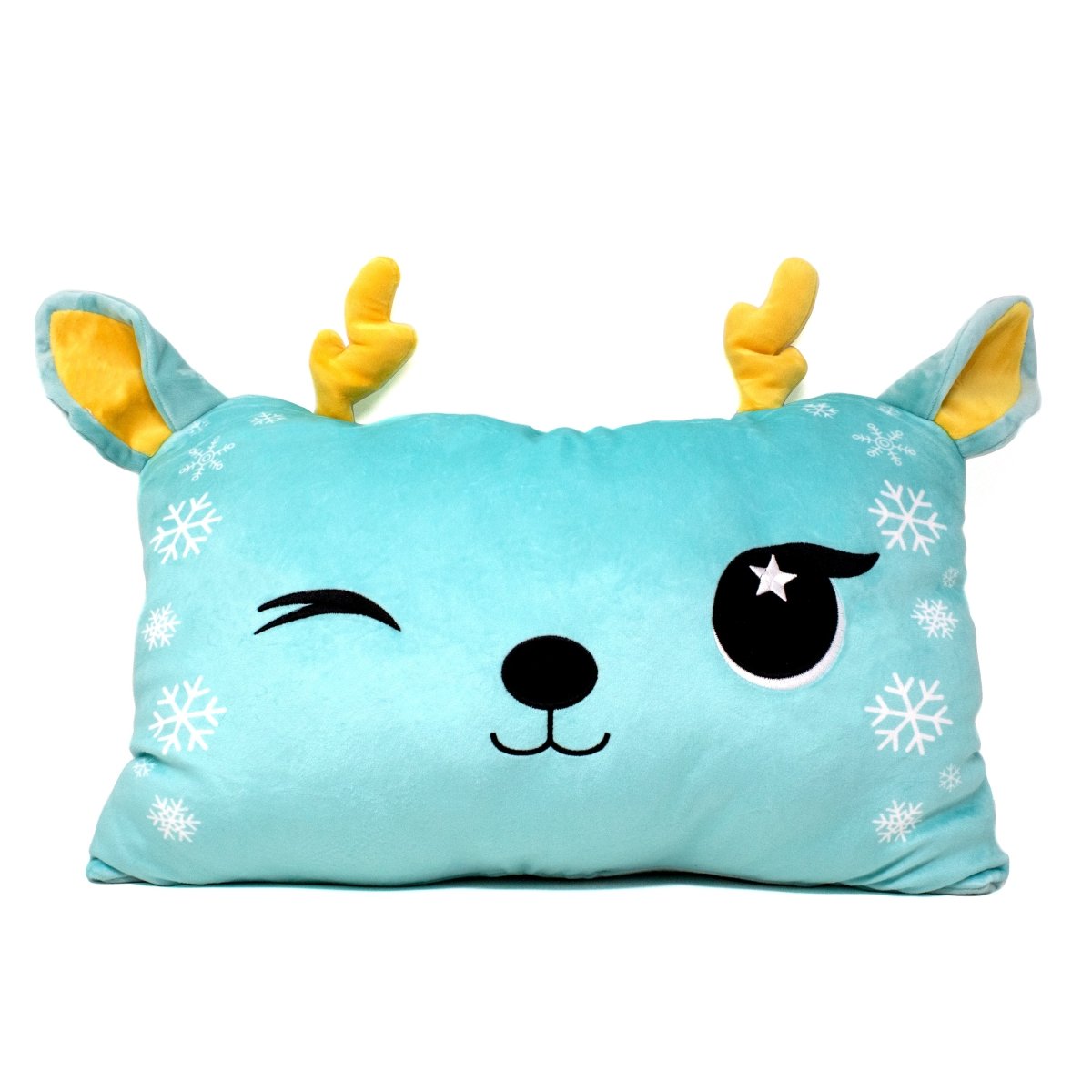 Pixca the Teal Reindeer Pillow is an adorable rectangular plush with cartoon features like antlers, a winking eye, and a starry eye. It has snowflake patterns on its plush fabric and yellow accents on the ears and antlers.