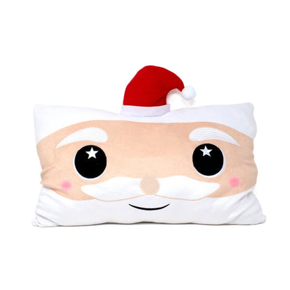 The Santa Pillow is a rectangular plush featuring a cartoon Santa Claus face with starry eyes, rosy cheeks, a white mustache, and red hat—ideal for holiday décor or as a cozy winter companion.