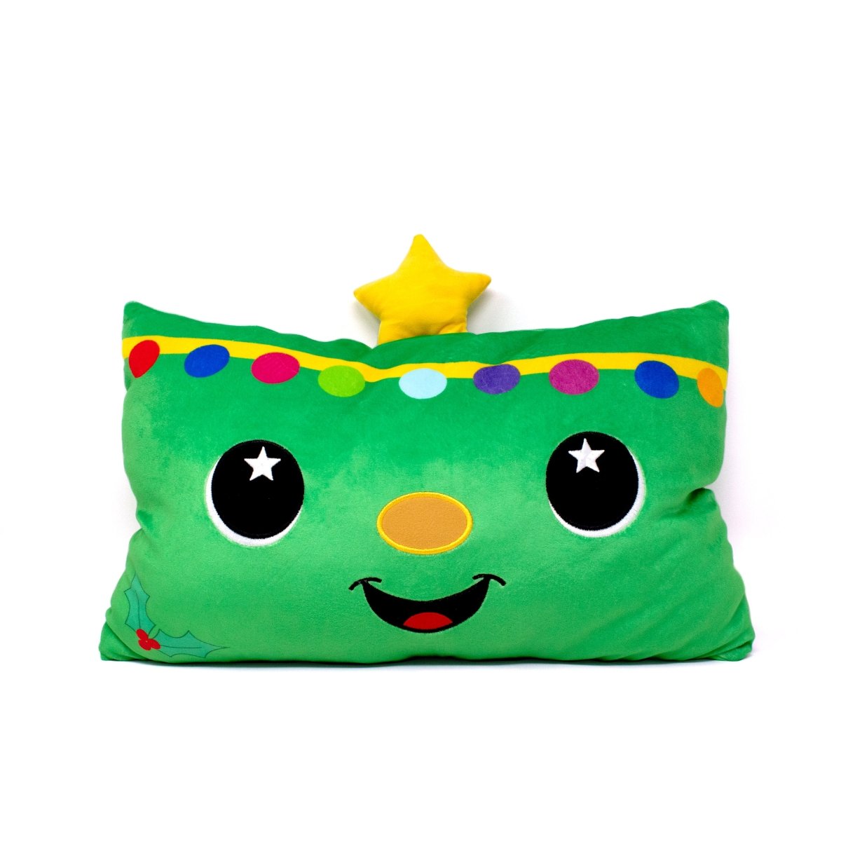 Treestan the Xmas Tree Pillow is a green, rectangular plush featuring a smiling face with large eyes, a yellow star on top, colorful lights, and a holly leaf in the corner, resembling a festive Christmas tree.
