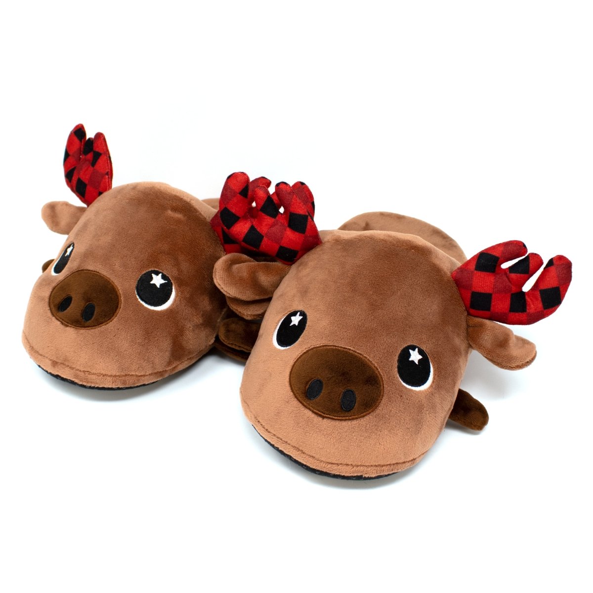 Eduard the Moose Slippers are cozy, plush footwear shaped like adorable moose faces with big eyes, dark noses, and red plaid antlers—perfect for holiday lounging. Pictured against a white background.