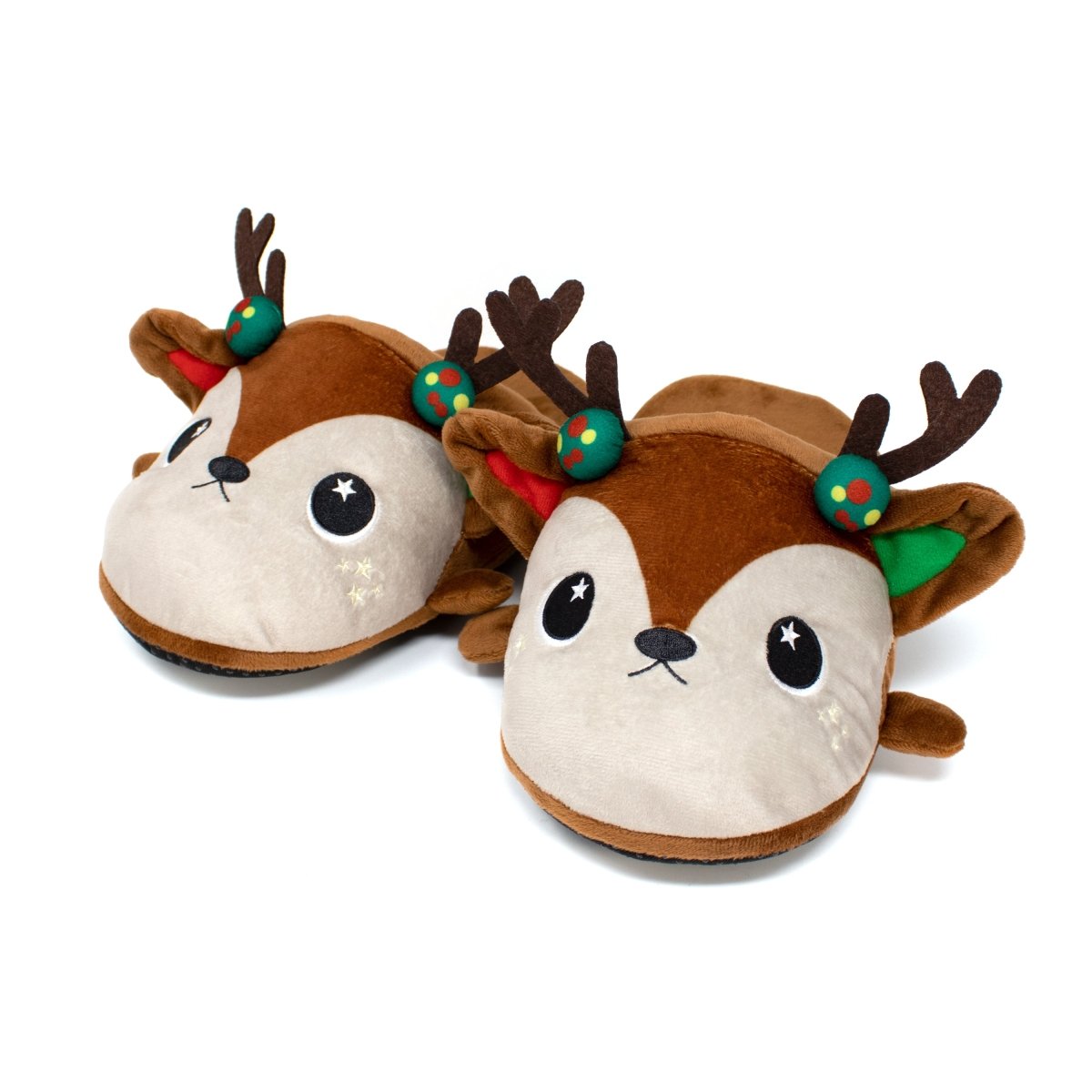 Mitzy the Reindeer Slippers are cute plush slippers with adorable reindeer faces, antlers, and festive decorations. They feature a soft brown design with beige accents and round, sparkling eyes, making them perfect for cozy holiday-themed wear.