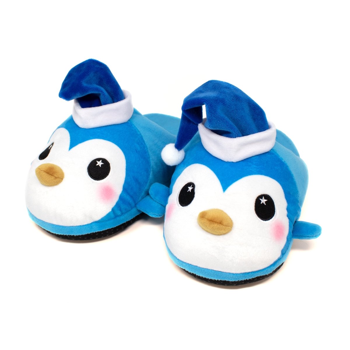 Peckington the Penguin Slippers feature plush blue penguins with rosy cheeks, yellow beaks, and blue Santa hats trimmed in white—festive and cozy footwear to keep your feet warm and cute all season.