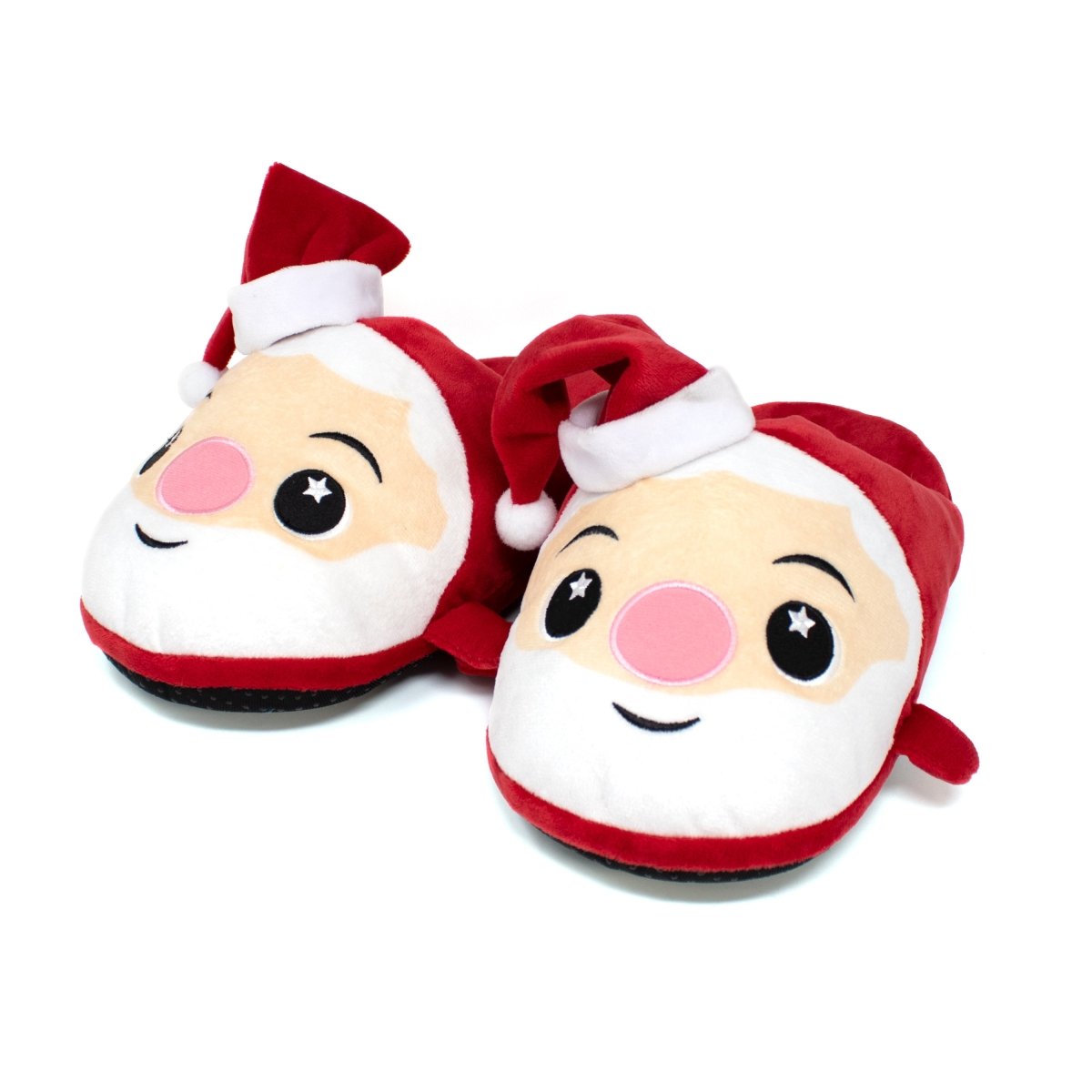 The Santa Slippers are adorable plush footwear designed as Santa Claus faces, complete with red hats, big eyes, rosy cheeks, a red and white color scheme, and black soles.
