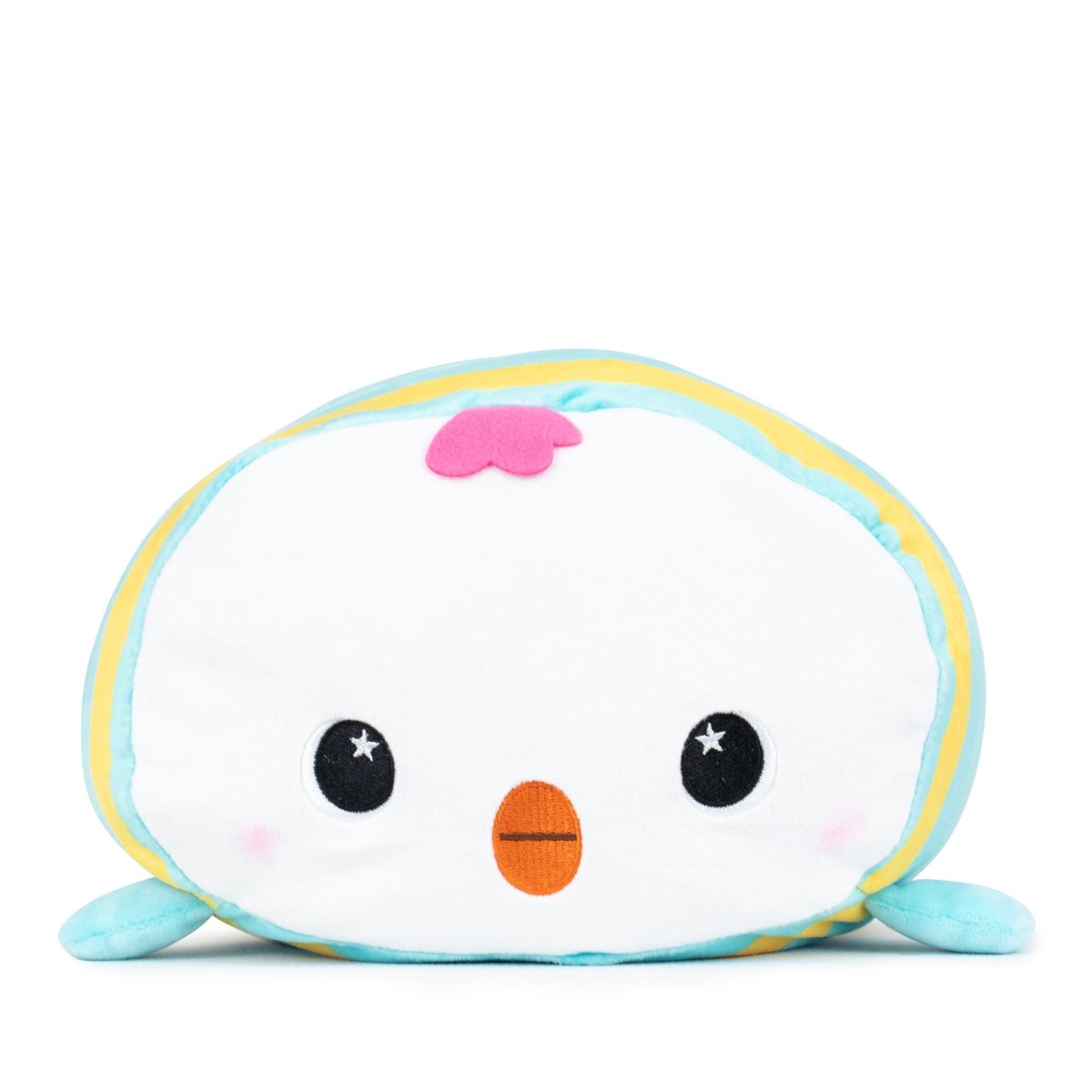 Chuck the Baby Chick Plushie is a round, ultra-soft pillow shaped like a cute cartoon bird, featuring a white face, black starry eyes, an orange beak, and a small pink head tuft. It has light blue and yellow edges with small blue wings—ideal for Easter Basket Buddies.