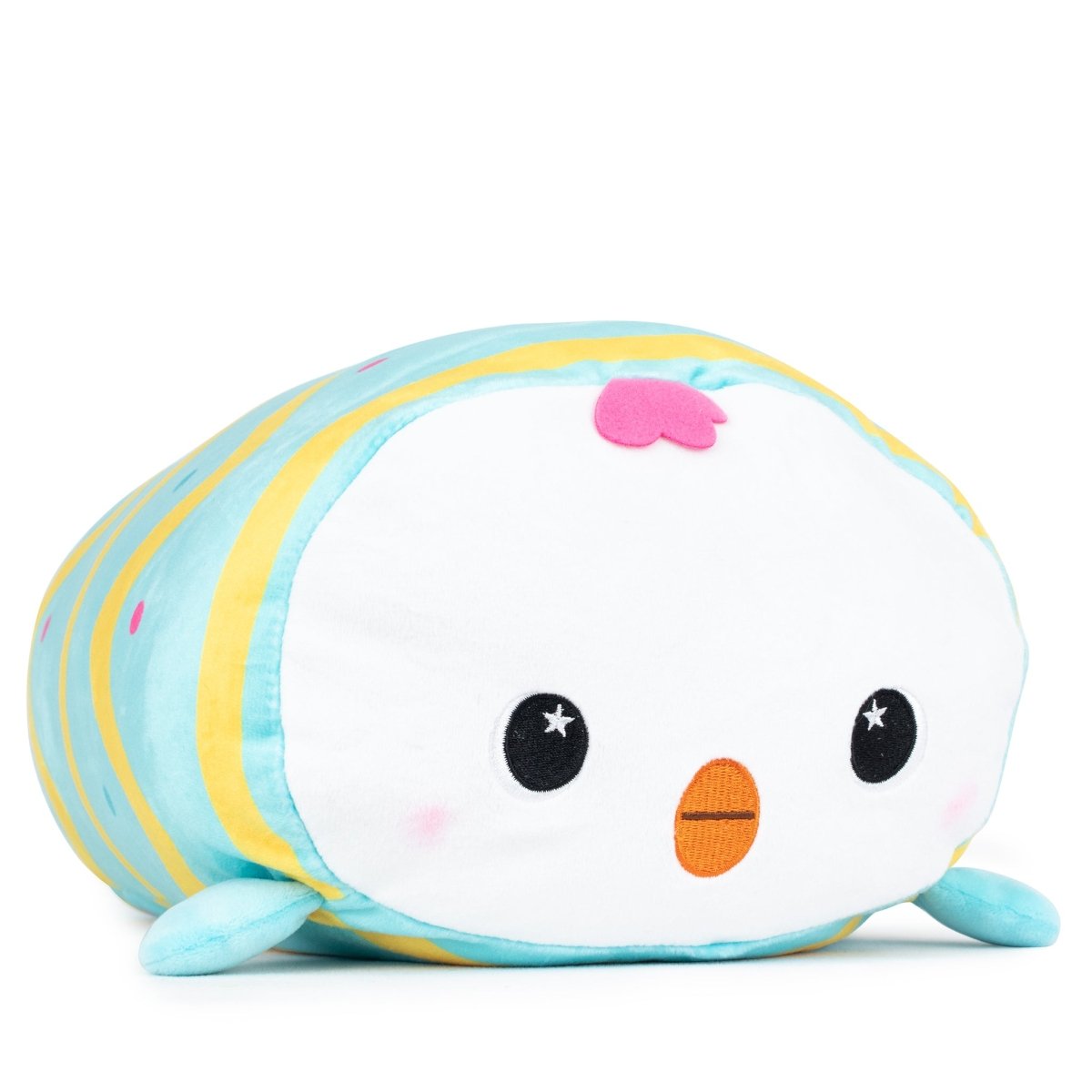 Chuck the Baby Chick Plushie, a round and ultra-soft toy, features a cute bird design with a light blue body and yellow stripes. It has a white face, small orange beak, starry black eyes, and a tiny pink tuft on its head—ideal for Easter Basket Buddies.