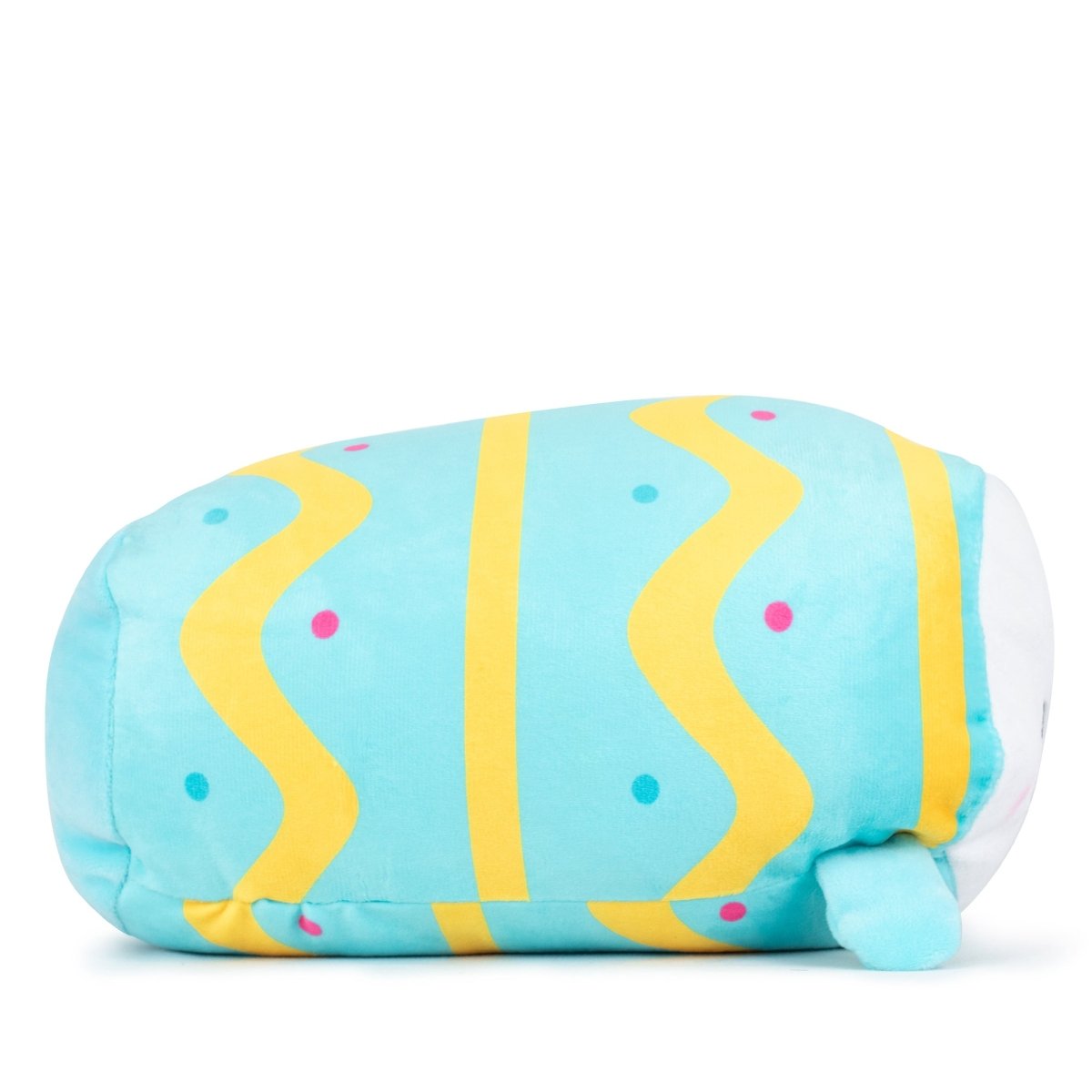 Chuck the Baby Chick Plushie is a cylinder-shaped, ultra-soft toy adorned with a light blue hue, yellow wavy stripes, and small pink and dark blue polka dots on a white backdrop.