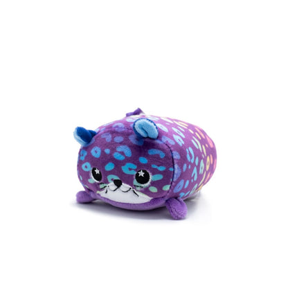 The Moosh-Moosh Series 5 "Rayn the Leopard" plush clip-on features a chubby animal shape with a purple body, decorated with blue and pink spots. It has small ears, big eyes, and a tiny smile, all set against a plain white background.