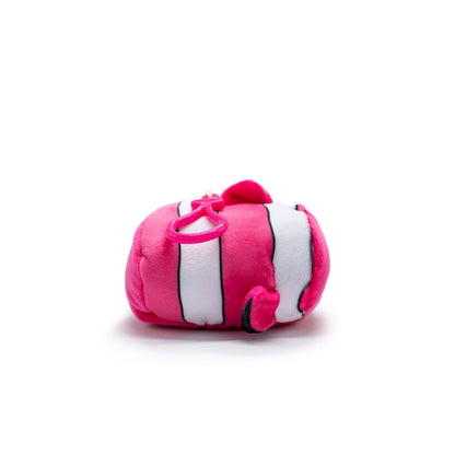 The Skipper the Clownfish Plush Clip-On is a small, adorable pink toy with white stripes, fins, and a loop on top. Its soft and fluffy texture stands out against a plain white background.