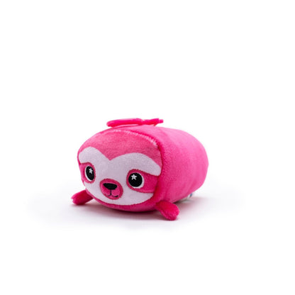 Turbo the Sloth from Moosh-Moosh Series 5 is a bright pink plush clip-on shaped like a sloth, featuring lighter pink facial patches, starry eyes, and a smiling expression against a white background.