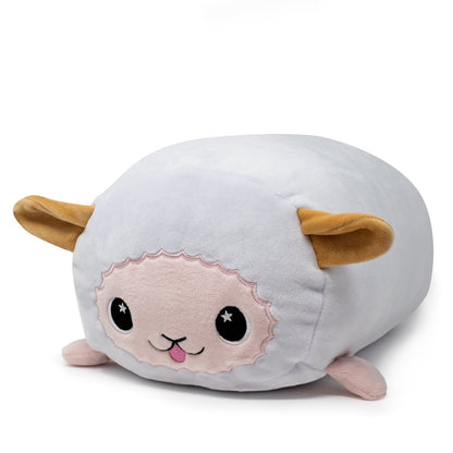 Cookie the Lamb Plushie is a round sheep-shaped plushie featuring a cute embroidered face, tiny pink legs, two small ears, and a protruding tongue. It is light grey with a darker face patch for added adorableness.