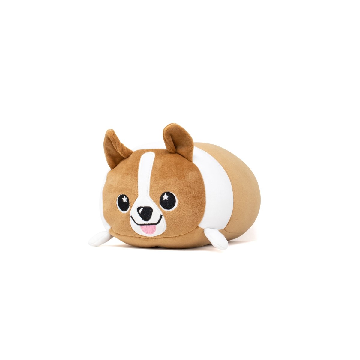 The Corey the Puppy 2-In-1 Travel Pillow is a soft plushie that resembles a cute, round brown and white dog with large eyes and perky ears. Its simple, cartoon-like design gives it a playful and adorable appearance against a white background.