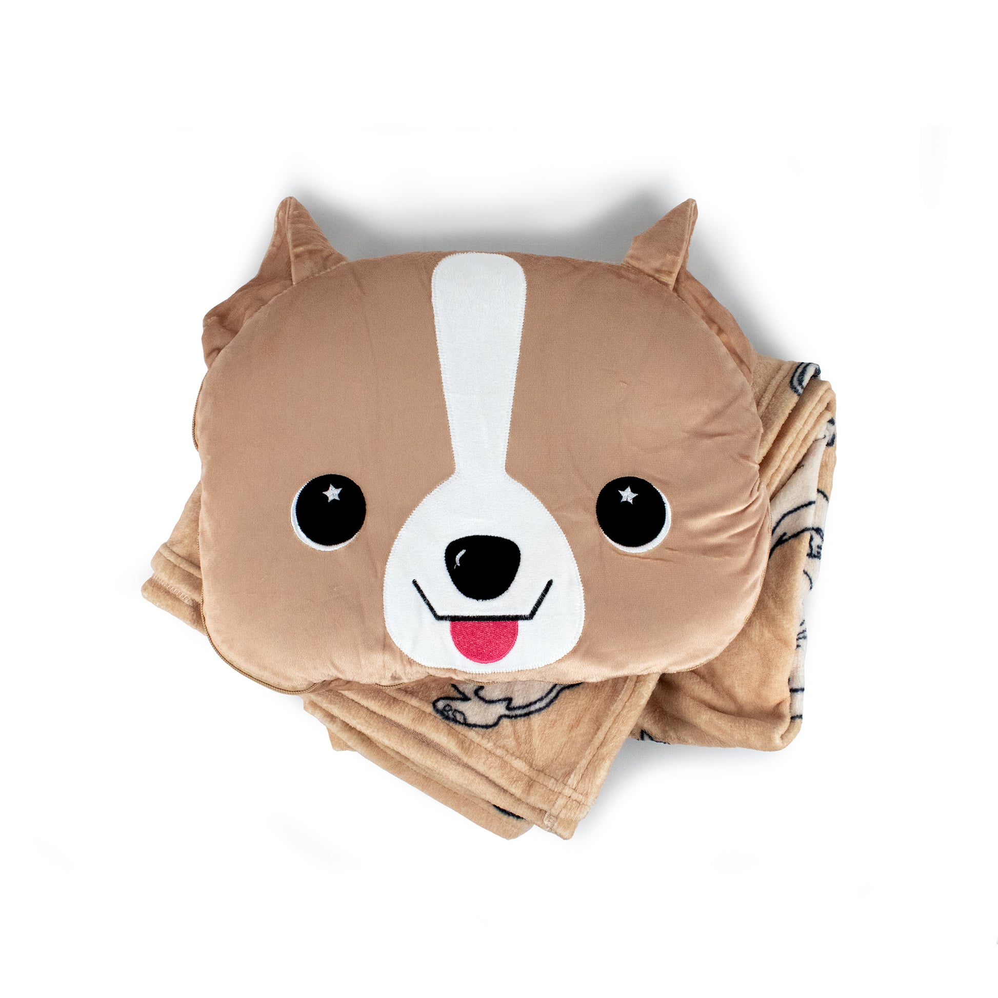 The 2-in-1 Pillow Blanket - Corey the Corgi features a plush fleece pillow shaped like a cartoon corgi’s face, paired with a matching foldable blanket displaying the same playful design on a white background.
