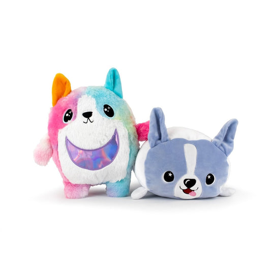 The Daisy and Corgi Monstah Pair includes two ultra-soft, machine-washable plushies: a round, multicolored monster with shiny belly and upright ears, and a gray-white corgi with a smiling face, black nose, and floppy ears.