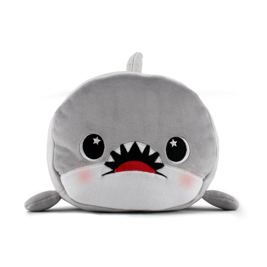 Crush the Gray Shark Plushie is a cute, round gray stuffed toy with large black eyes, a small dorsal fin, and tiny side fins. It has an open mouth with cartoon teeth and blushing cheeks, making it irresistibly soft to cuddle.