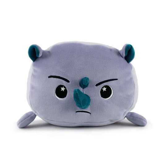 Dane the Rhino is a square-shaped, light purple plush toy with blue inner ears, a small blue horn, round black eyes featuring white stars, and an angry facial expression.