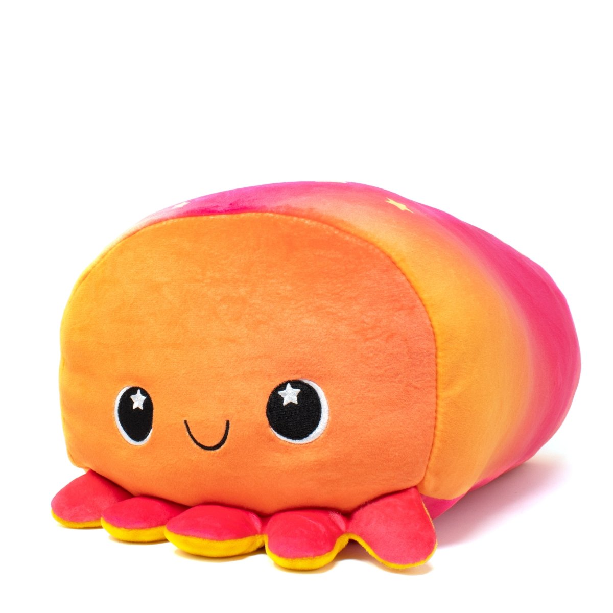 Vibrant orange colored octopus soft plush stuffed animal pillow plushie for cuddling and sleeping