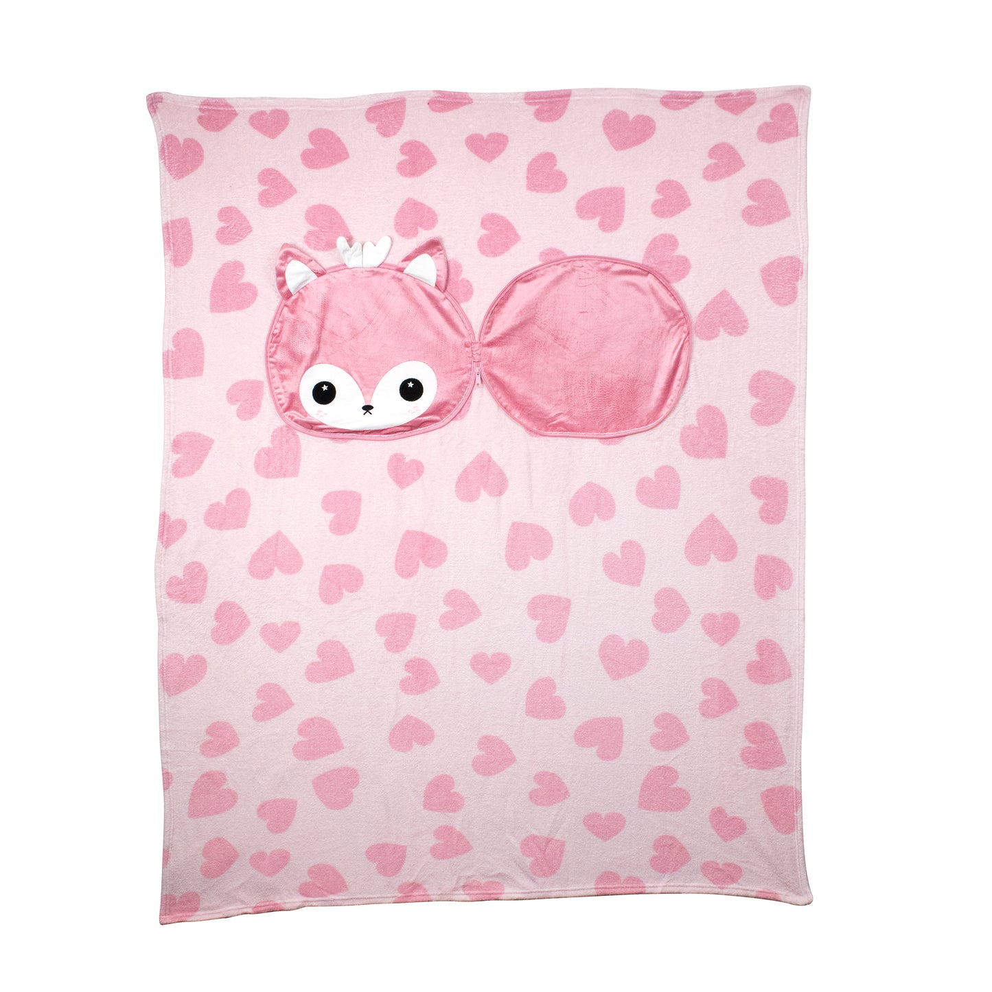 A pink kids fleece blanket with dark pink hearts, featuring a hood shaped like Doe the Deer’s face with ears, big eyes, and a bow. The hood is attached to one side of this cozy 2-in-1 Pillow Blanket - Doe the Deer.
