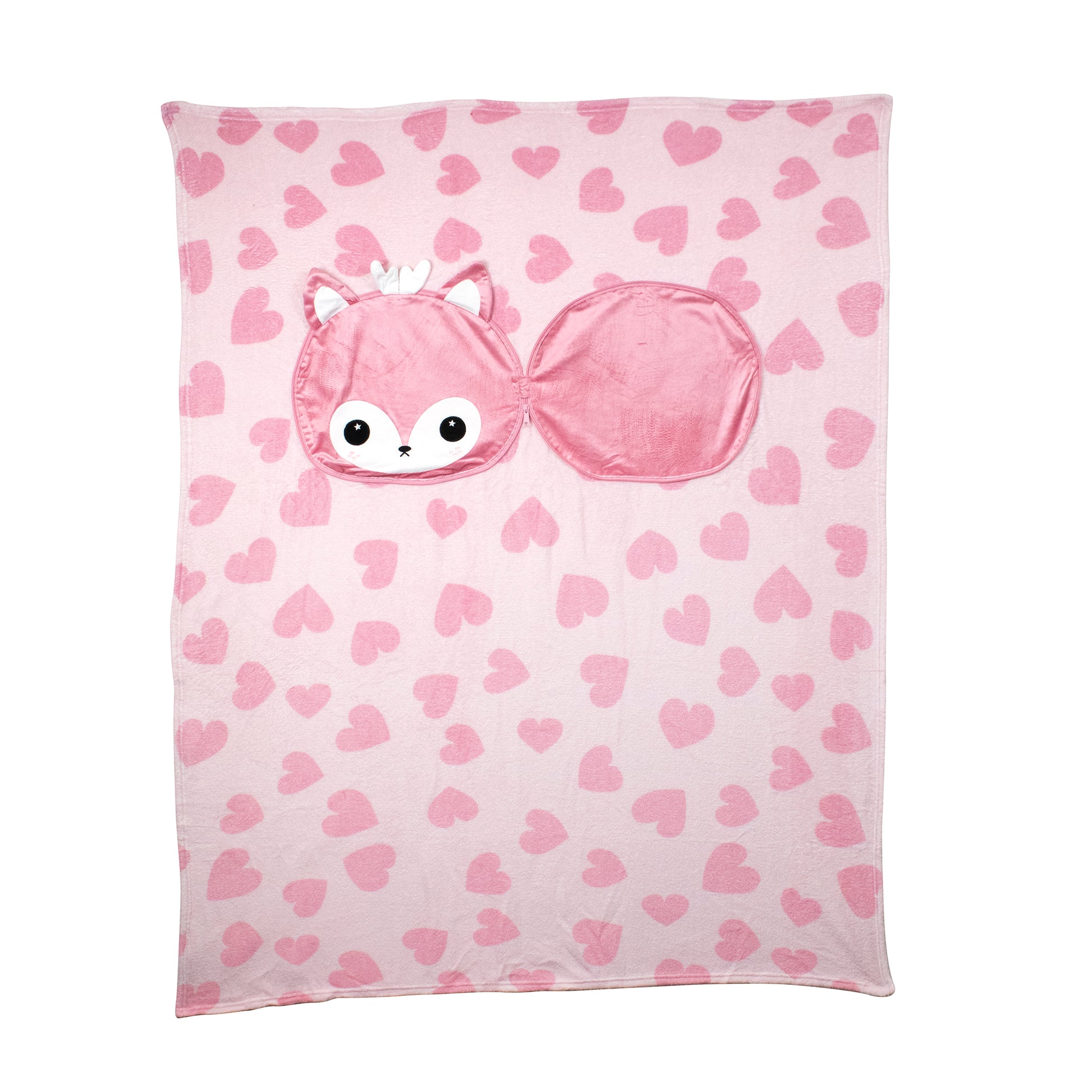 A pink kids fleece blanket with dark pink hearts, featuring a hood shaped like Doe the Deer’s face with ears, big eyes, and a bow. The hood is attached to one side of this cozy 2-in-1 Pillow Blanket - Doe the Deer.
