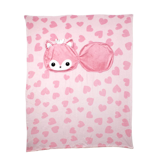 A pink kids fleece blanket with dark pink hearts, featuring a hood shaped like Doe the Deer’s face with ears, big eyes, and a bow. The hood is attached to one side of this cozy 2-in-1 Pillow Blanket - Doe the Deer.