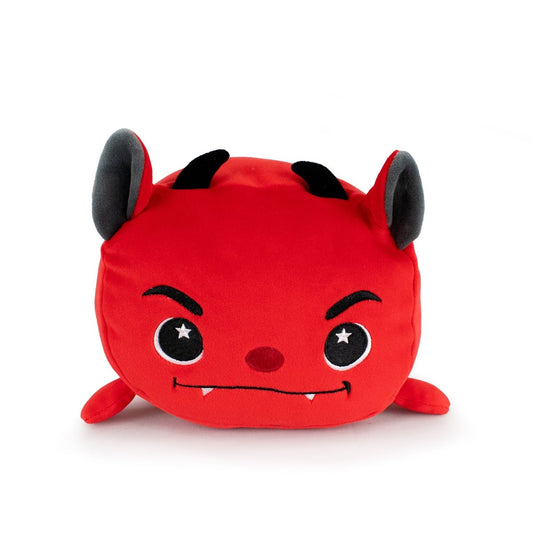 Demian the Demon is a plushie shaped like a red devil with black horns, gray inner ears, starry eyes, fangs, and a mischievous smile—making it the perfect cuddly bedtime companion, displayed on a white background.
