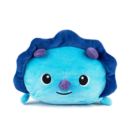 Meet Dina the Dinosaur, a collectible blue plush toy with a smiling face and dark blue mane-like edge, featuring large black eyes with white star highlights, small purple accents on top, and a round purple nose and mouth—truly irresistible.