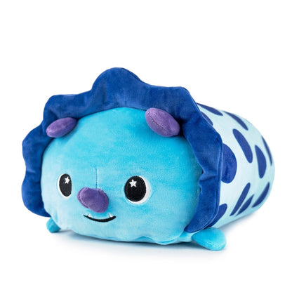 Meet Dina the Dinosaur, a collectible blue plush toy with dark blue spots and a ruffled edge. This charming companion has a cute face with big, starry eyes, a small purple nose, and tiny purple ear-like appendages.