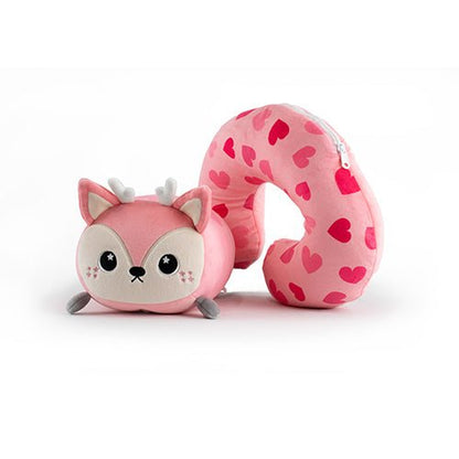 Doe the Deer 2-In-1 Travel Pillow is a plush, pink neck pillow shaped like a cute animal with antlers and big eyes, featuring a soft, two-part design, including a heart-patterned neck section.