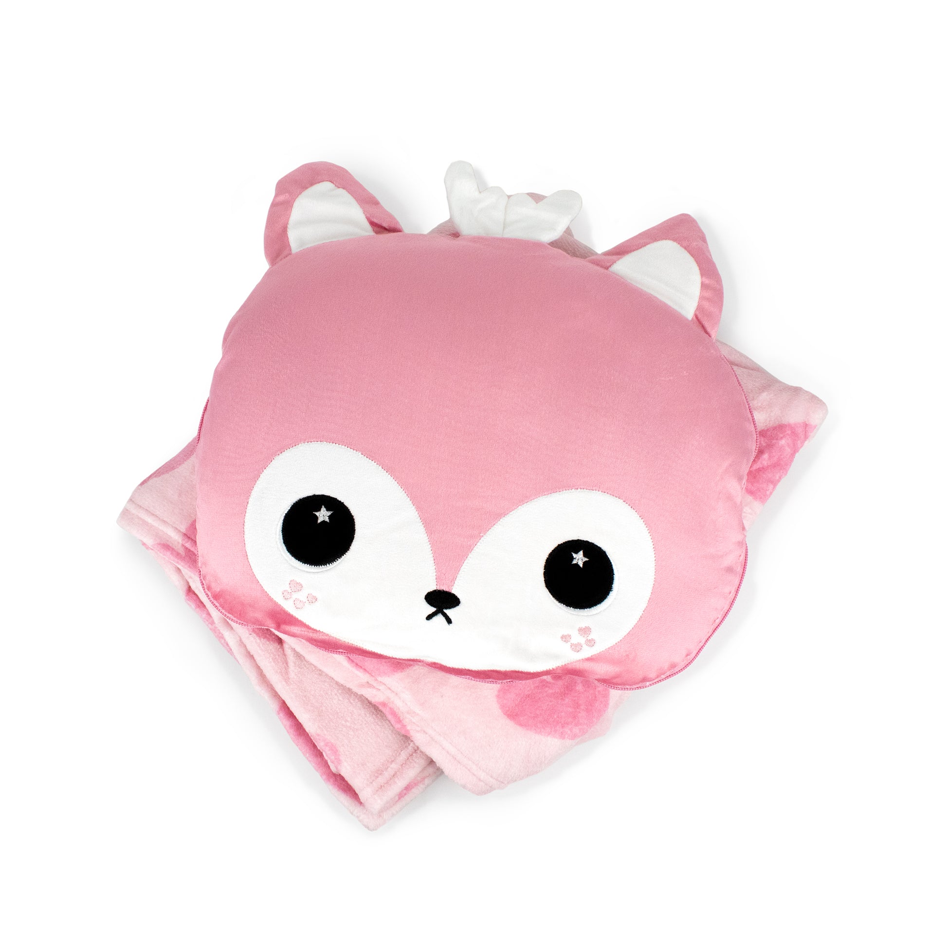 The 2-in-1 Pillow Blanket - Doe the Deer is a pink plush pillow featuring a cute deer face with big eyes and small ears, resting on a matching kids fleece blanket, with a white tissue emerging from the pillow top.