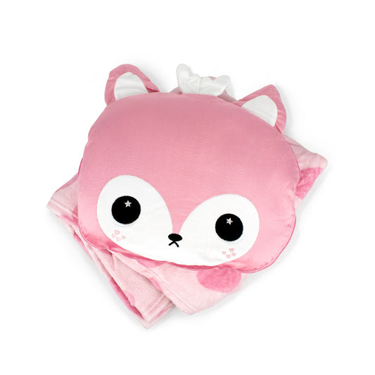 The 2-in-1 Pillow Blanket - Doe the Deer is a pink plush pillow featuring a cute deer face with big eyes and small ears, resting on a matching kids fleece blanket, with a white tissue emerging from the pillow top.