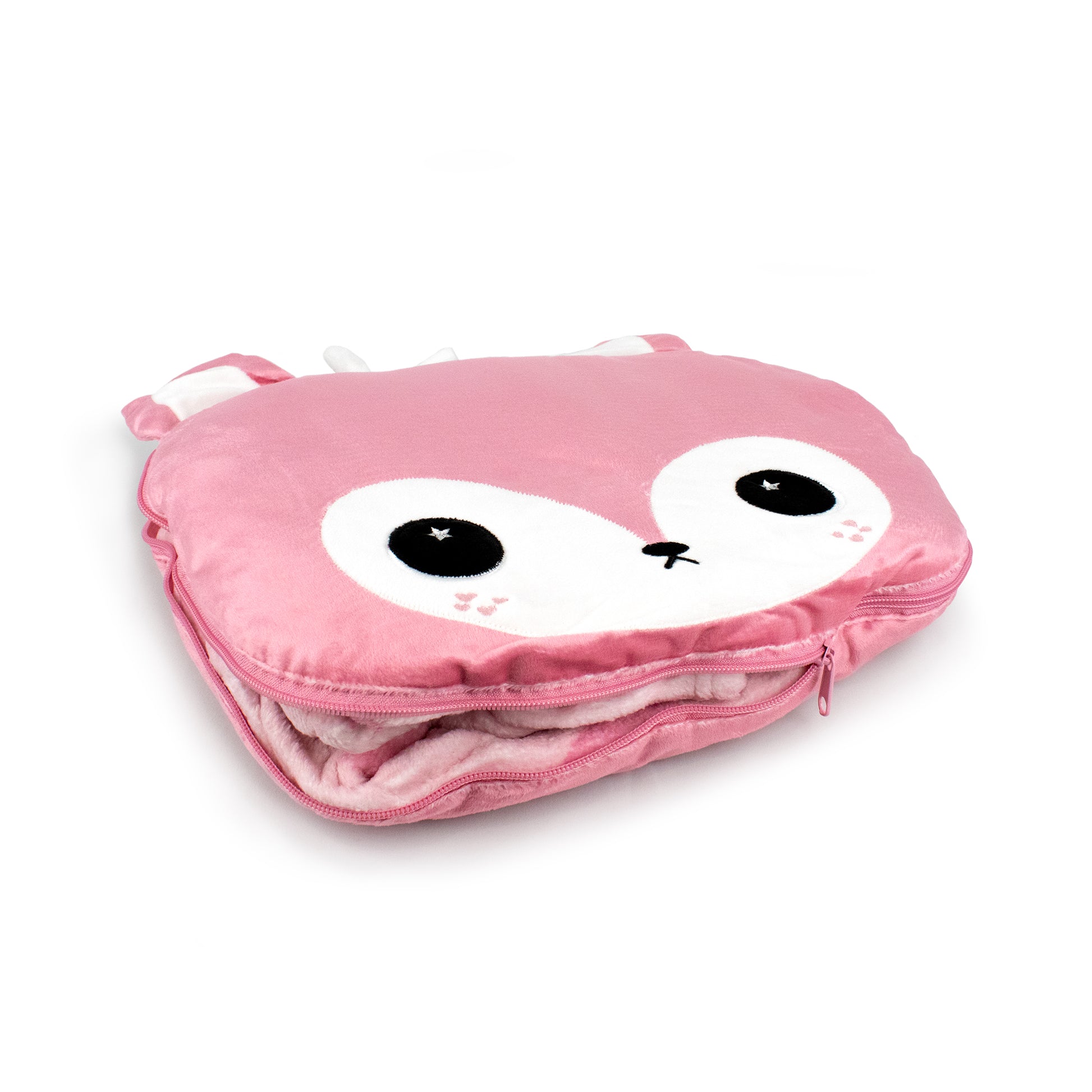 The 2-in-1 Pillow Blanket - Doe the Deer is a pink, plush zippered pouch with large eyes, small ears, and blushing cheeks. Partially unzipped, it reveals a matching kids fleece blanket inside for cozy comfort.