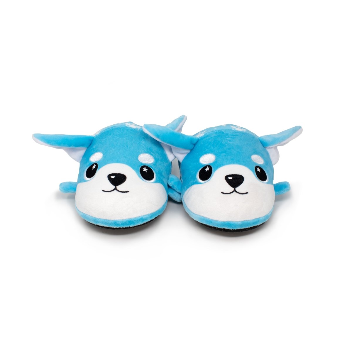 A pair of blue plush slippers shaped like adorable stuffed animals, designed as Yuki the Snow Fox with white accents on the face and inside the ears, set against a plain white background.