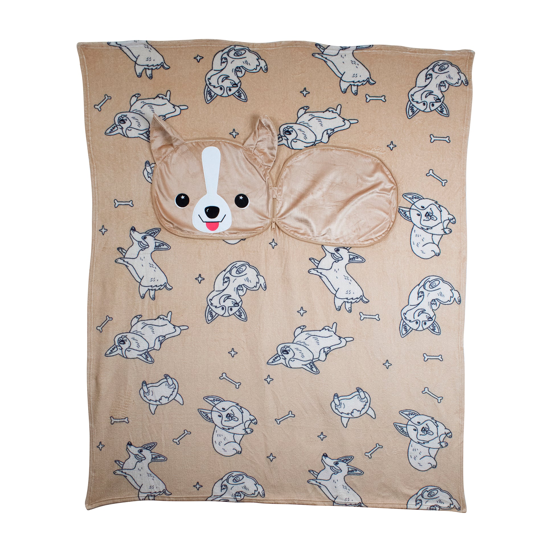 The 2-in-1 Pillow Blanket - Corey the Corgi is a tan fleece pillow blanket with cartoon dog and bone designs, featuring an attached hood designed like a cute corgi's face with ears, eyes, nose, and a red tongue.