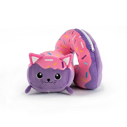 Introducing Freckles the Doughnut Cat 2-In-1 Travel Pillow, your perfect travel companion! This sensory-friendly plush toy is a blend of cat and donut, featuring a purple face with stitched eyes, a pink sprinkle-adorned body, smiling face, and tiny ears—ideal for cuddling on any journey.