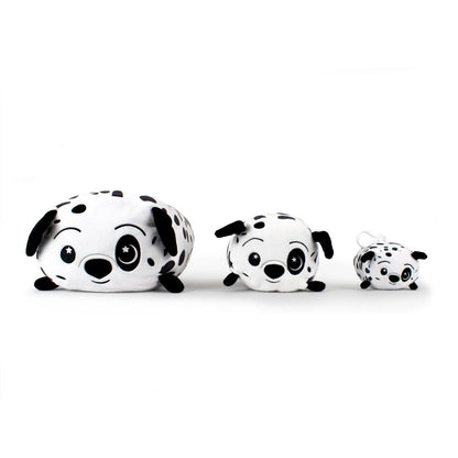 In the Moosh-Moosh Series 5 line-up, three plush Dalmatian toys with black spots, floppy ears, and starry embroidered eyes sit together: the largest on the left, medium in the middle, and Dozer the Dalmatian Plush Clip-On keychain adorably smallest on the right.