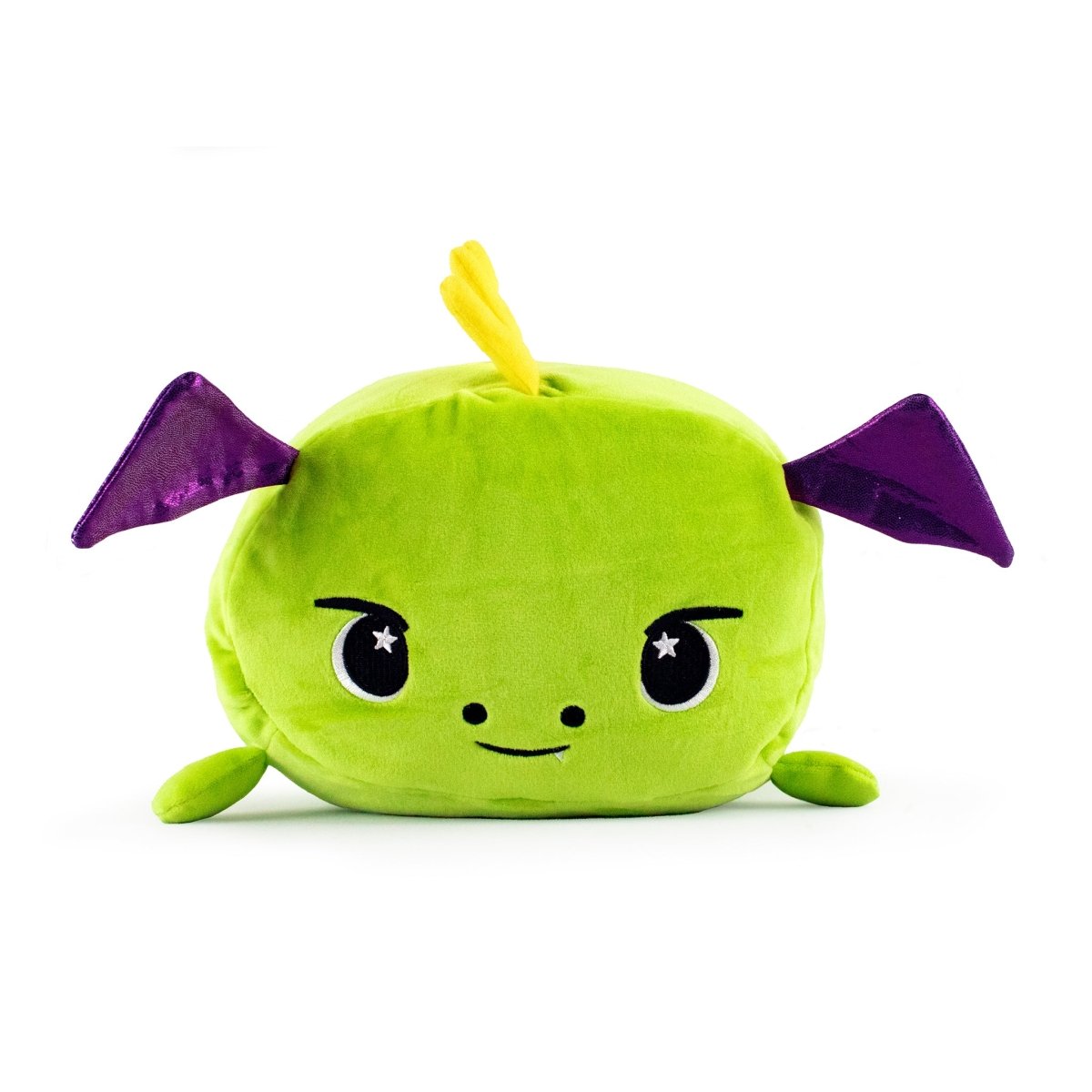 Green dragon with purple wings and a cute face soft plush stuffed animal pillow plushie for cuddling and sleeping