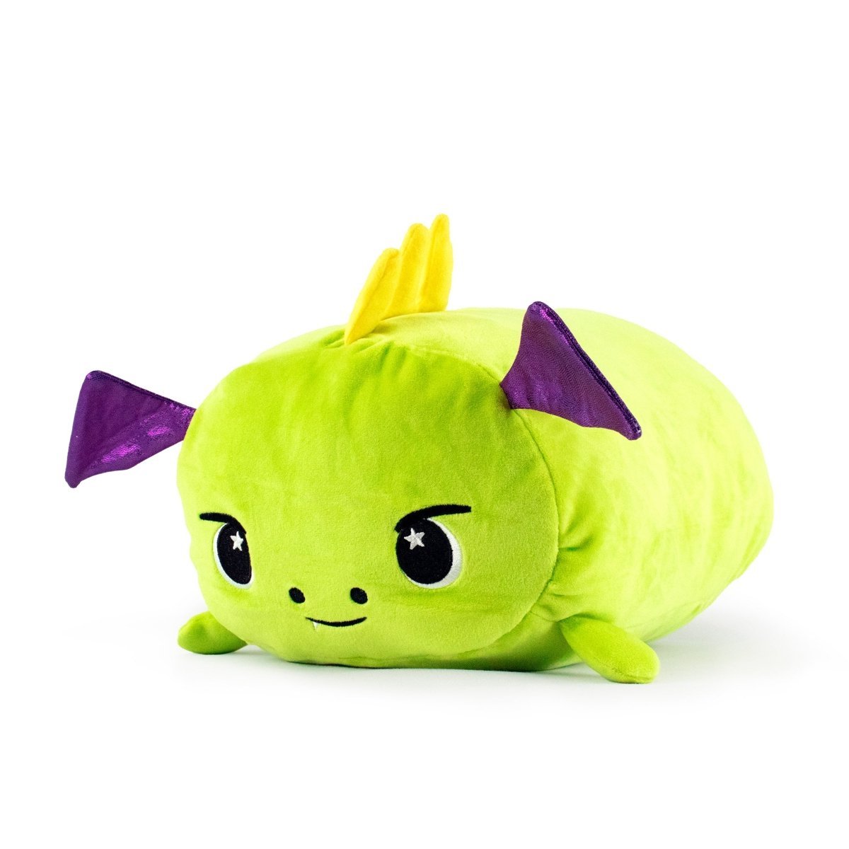 Green dragon with purple wings and a cute face soft plush stuffed animal pillow plushie for cuddling and sleeping